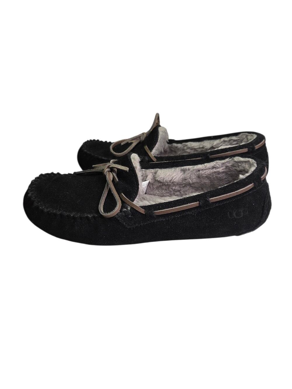 UGG Dakota Fluff Womens Black Suede Slippers Size 9 Moccasin Fleece Lining Cozy